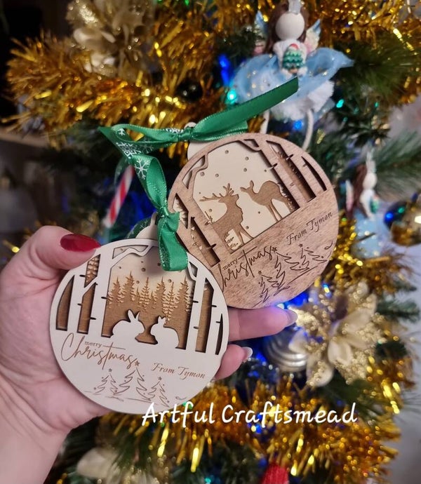 Personalised Wooden Christmas Ornament – Forest Scene Bauble with Custom Message – Two Designs – Rustic Layered Tree Decoration