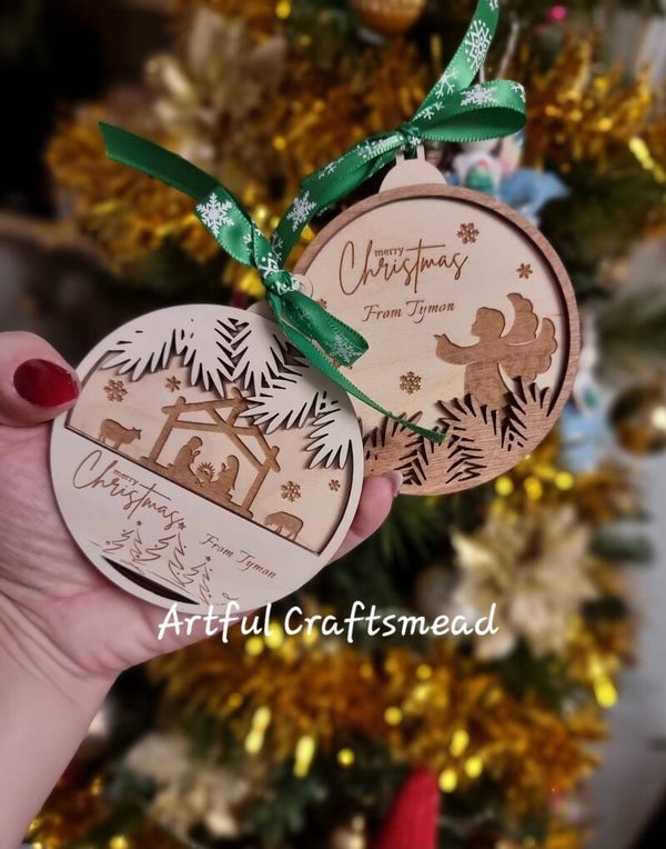 Personalised Wooden Christmas Ornament – Nativity or Angel Scene – Rustic Layered Bauble – Custom Xmas Gift