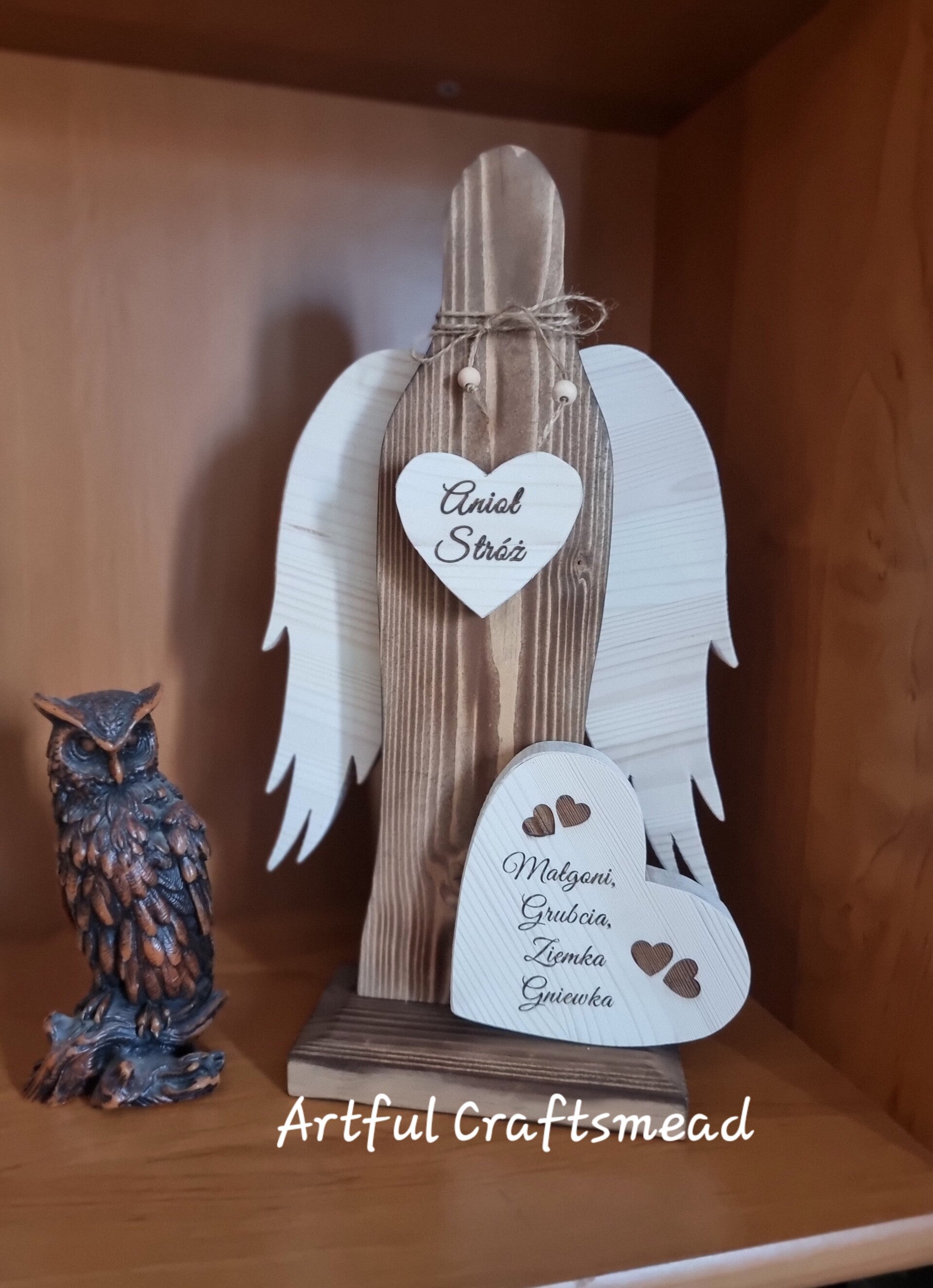 Personalized Angel From Pine Wood, Custom With Any names and message, Enchanting Wooden Angel Figurine, Spersonalizowany Anioł z Drewna Sosnowego,