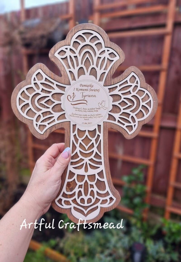 Personalised Wooden Large Cross Keepsake, Drewniany Krzyż jako Pamiątka Komunii