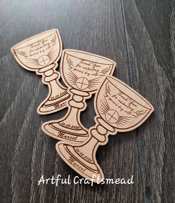 Personalized Communion Thank You Wooden Chalice Magnets, Personalizowane drewniane magnesy kielich z podziękowaniami na komunię