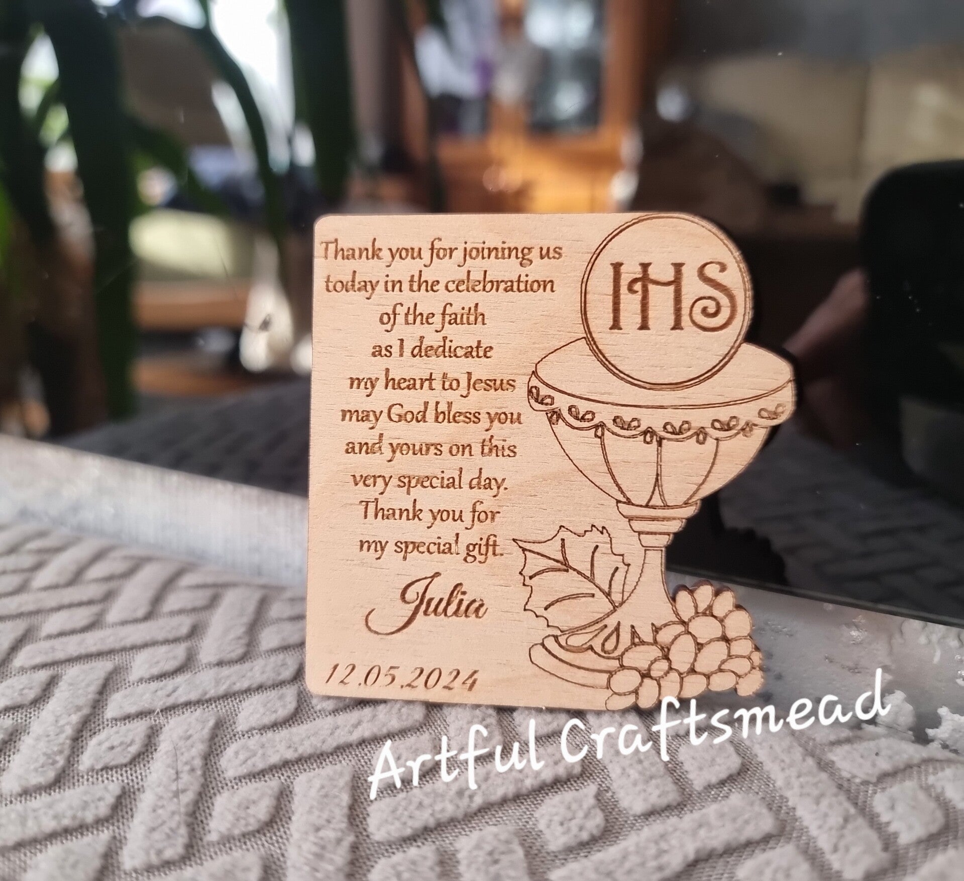 Personalized Communion Thank You Wooden Card Magnets, Personalizowane drewniane magnesy karty z podziękowaniami za komunię