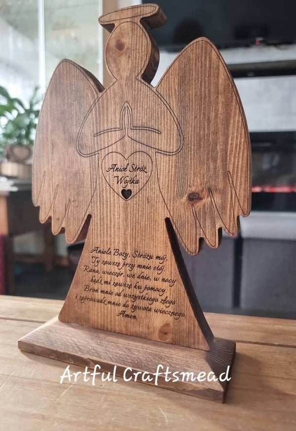 Personalised Beautiful Handcrafted Pinewood Angel, Custom Wood Angel For All Occasion, Sosnowy Anioł Stróż, Personalizowane na każdą okazje