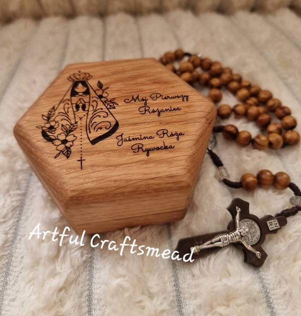 Beautiful Oak Hexagon Rosary Box, Dębowe Pudełko na różaniec