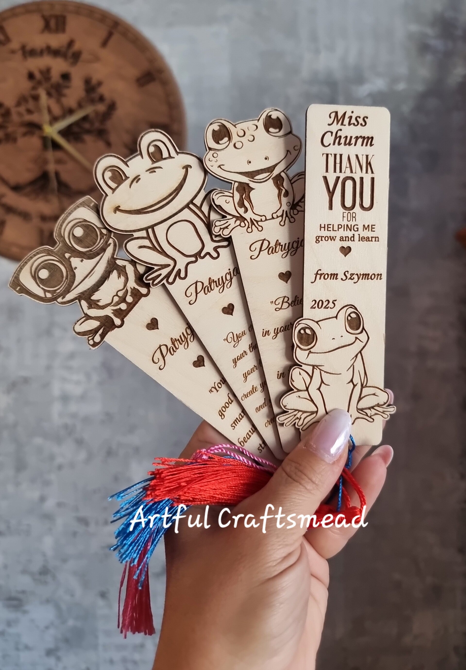 Personalized Frog Bookmark – Wooden Teacher Gift, Custom Name & Quote, Cute Book Lover Gift for Kids or Adults