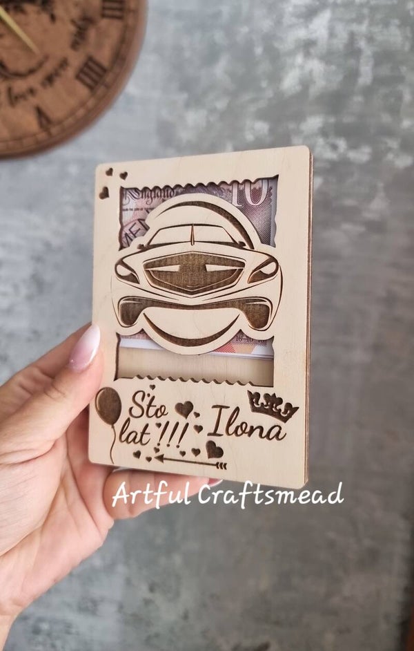 Personalized Wooden Money Holder – Fun Car Gift Card Envelope, Custom Cash Gift, Birthday Keepsake with Name & Quote