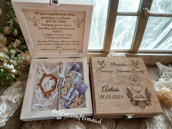 Personalised First Holy Communion Wooden Box | Handmade Keepsake with Divider | Custom Engraved Religious Gift