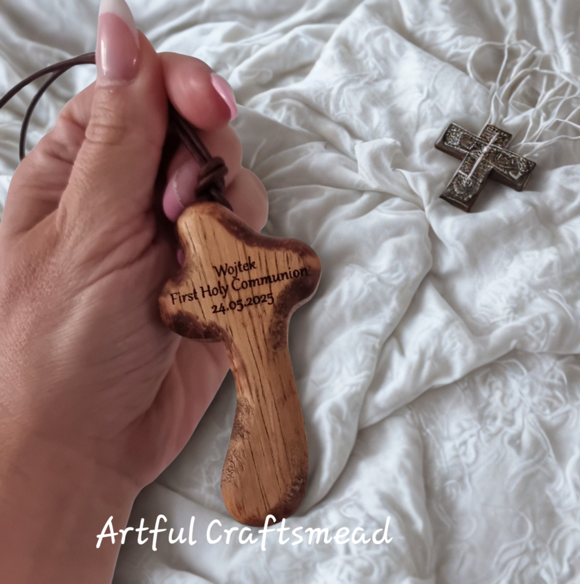 Handmade Solid Wood Cross | Personalised Wooden Cross | Communion Baptism Confirmation Gift | Engraved Faith Keepsake