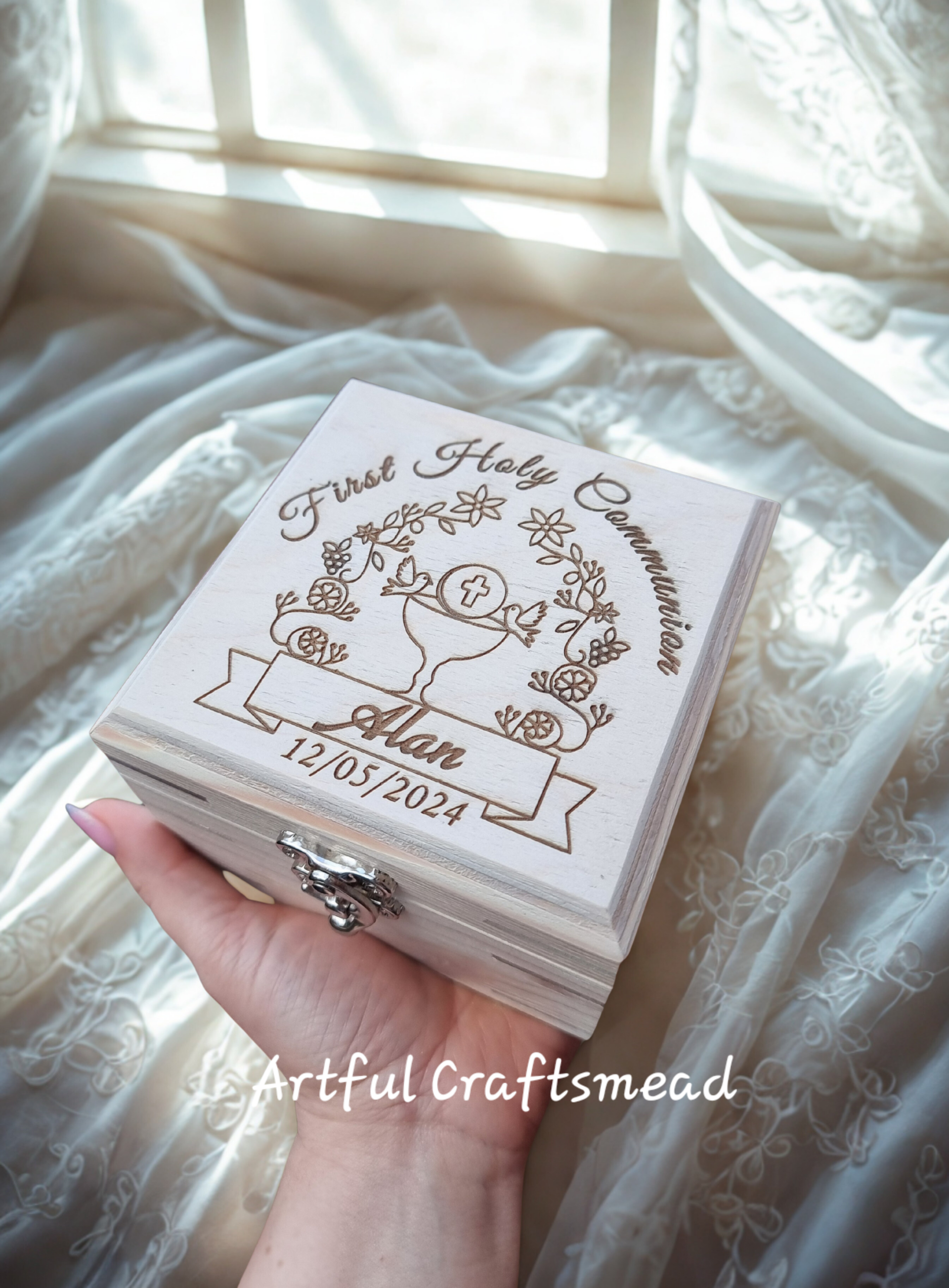 Personalised First Holy Communion Wooden Keepsake Box | Handmade Pine Box for Watch, Jewellery or Special Mementos