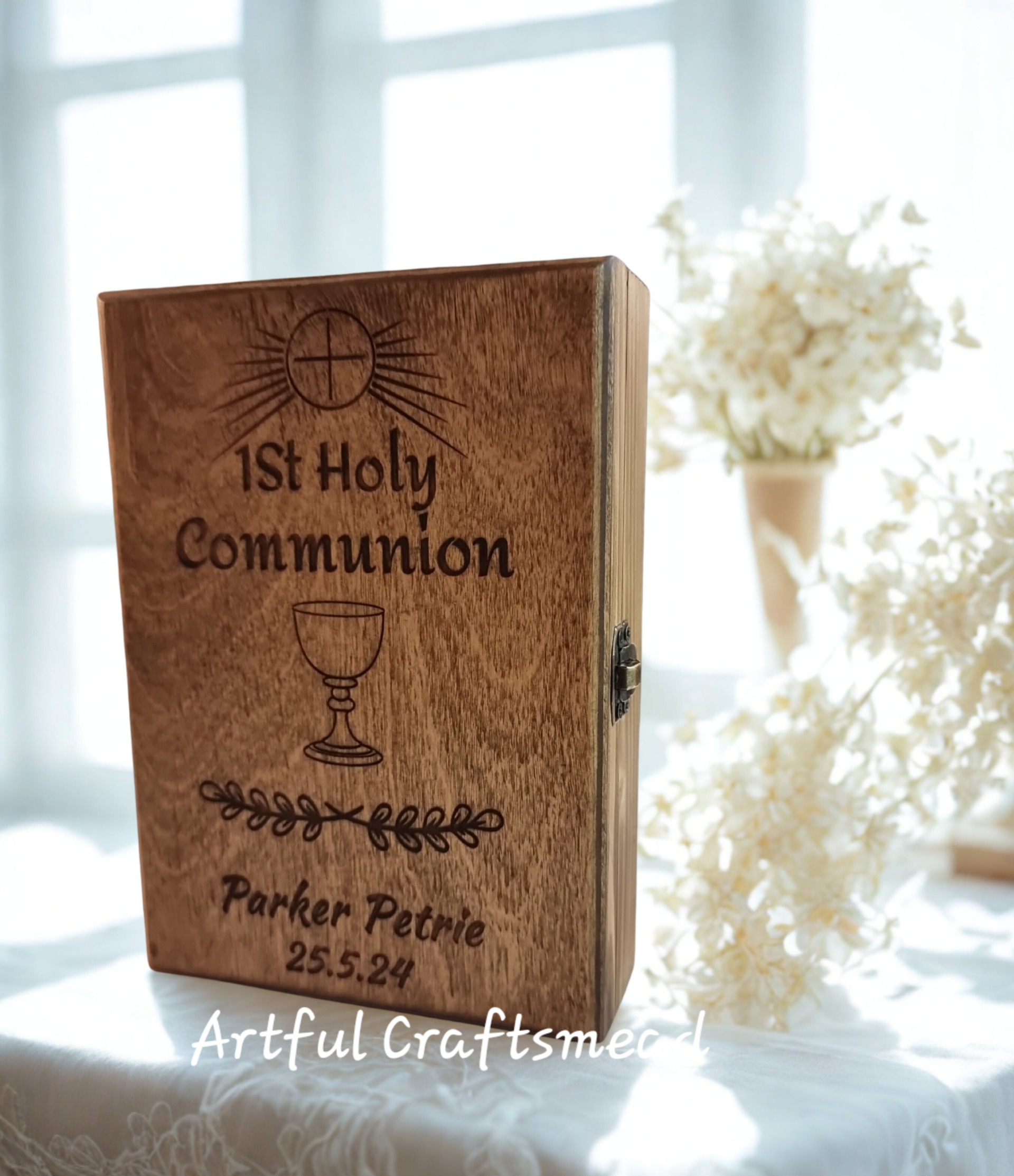 Personalised Wooden Communion Box | Handmade Bible & Keepsake Box | Engraved Solid Wood Memory Box