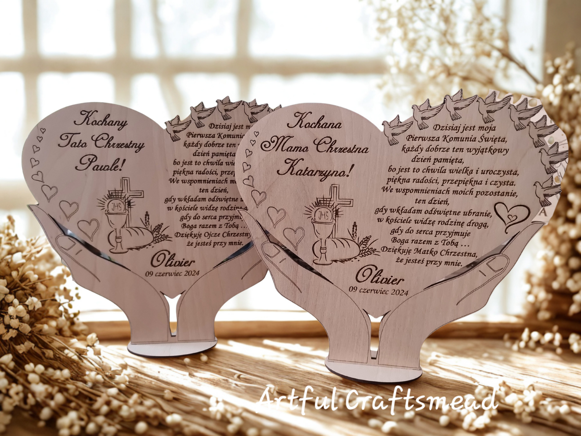 Personalised Wooden Heart in Hands | Communion Thank You Gift for Godparents or Grandparents | Handmade Keepsake