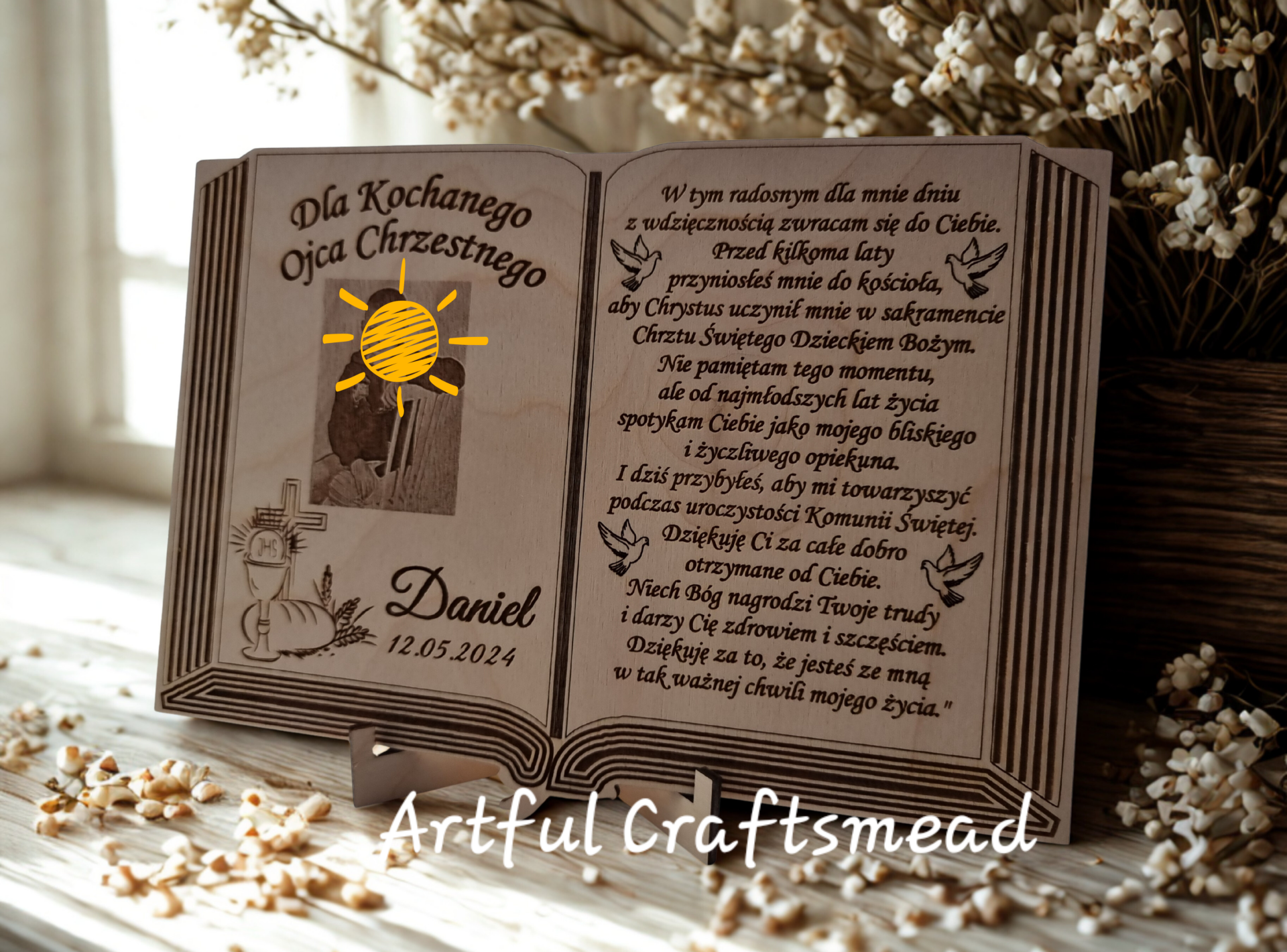 Personalised Wooden Open Book Plaque with Engraved Photo | Handmade Thank You Gift | Communion Keepsake | Custom Wooden Book Display