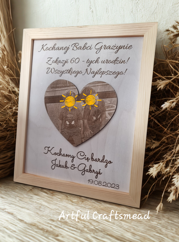 Personalised Wooden Photo Frame with Engraved Photo Heart