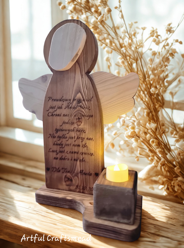Personalised Wooden Guardian Angel Candle Holder – Handmade Engraved Memorial Gift