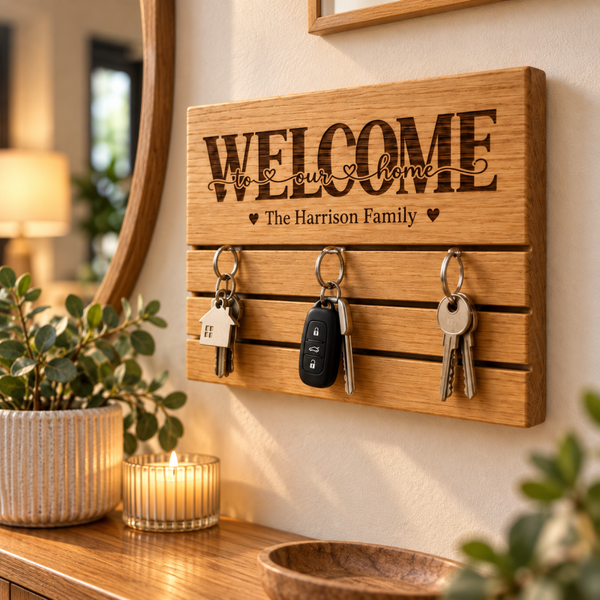 Personalised Solid Oak Key Holder | CNC Routed Wall Mounted Key Organiser
