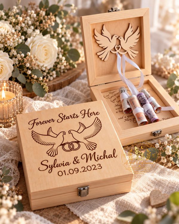 Personalised Wedding Money Gift Box – Forever Starts Here Doves