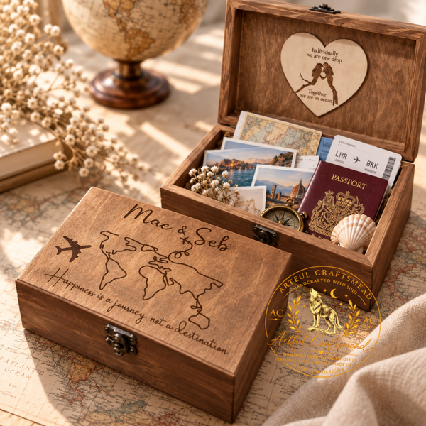 Personalised Solid Pine Travel Memory Box – World Map & Adventure Keepsake Box