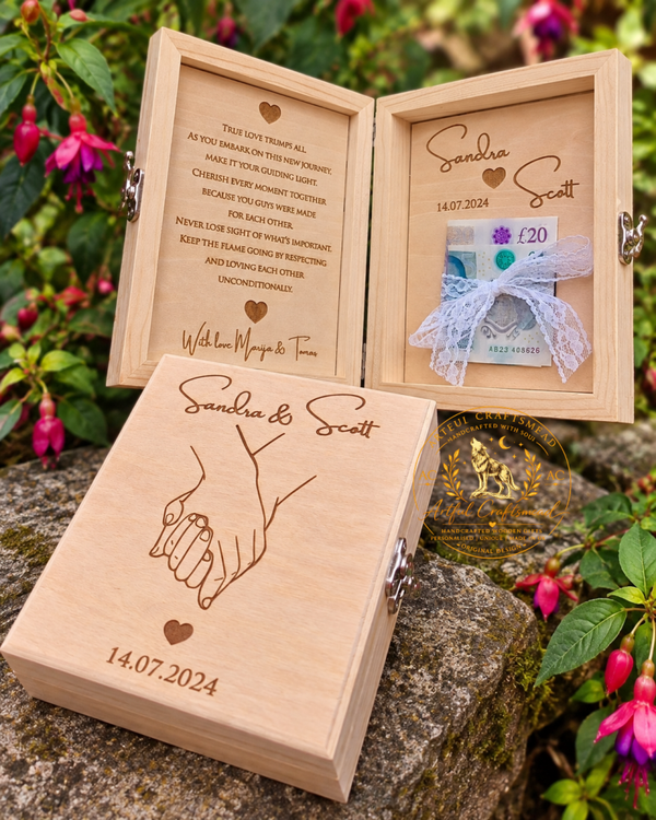 Personalised Wedding Money Gift Box – Engraved Hands Design