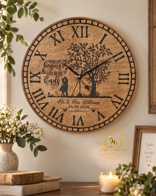 Personalised Wedding Wall Clock – 38cm Tree of Love Design