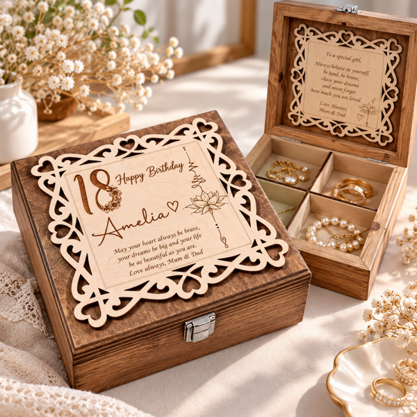 Personalised Solid Pine Jewellery Box – Handmade Wooden Keepsake with 4 Compartments