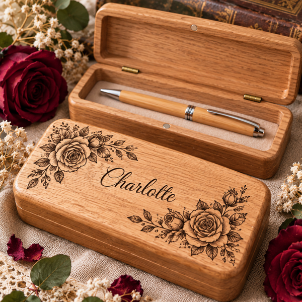 Personalised Solid Oak Floral Pen & Keepsake Box – Optional Engraved Bamboo Pen