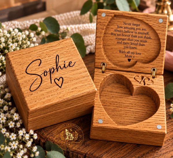 Personalised Solid Oak Heart Jewellery Box – Handmade Wooden Keepsake Gift
