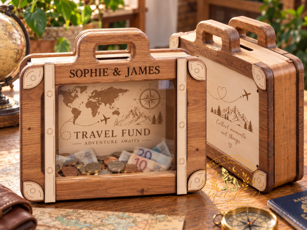 Personalised Wooden Suitcase Money Box – Travel Fund & Adventure Savings Box