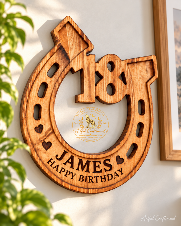 Personalised Solid Pine Horseshoe with Custom Number – Large 30cm