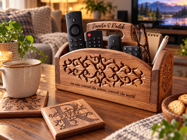 Personalised Solid Pine Remote Control Holder | CNC Carved Wooden TV Organiser