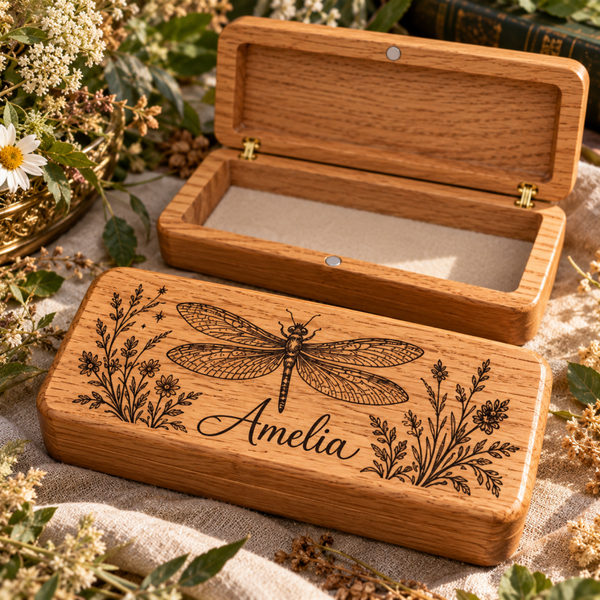 Personalised Solid Oak Pen & Keepsake Box – Butterfly, Dragonfly, Moth, Bee & Beetle Designs