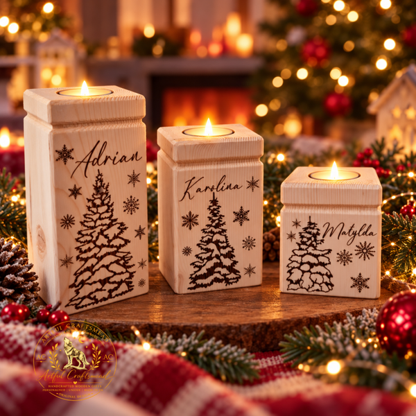 Personalised Solid Pine Candle Holder Set of 3 – LED & Tealight Inserts