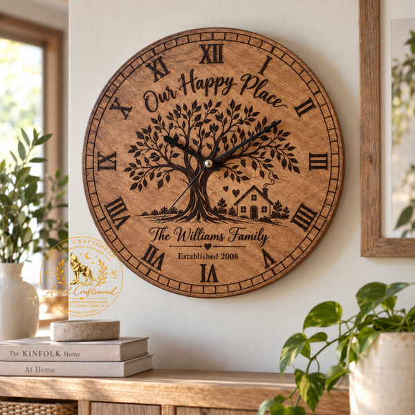 Personalised Family Tree Wall Clock – 40cm Wooden Clock with 4 Engraving Designs