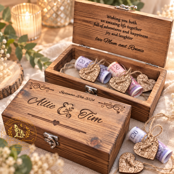 Personalised Solid Pine Wedding Money Gift Box with 5 Wooden Heart Ties