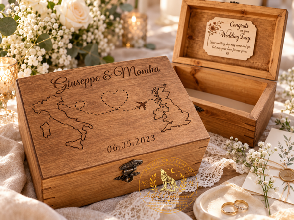 Personalised Two Country Map Keepsake Box – Solid Pine Couple Memory Box