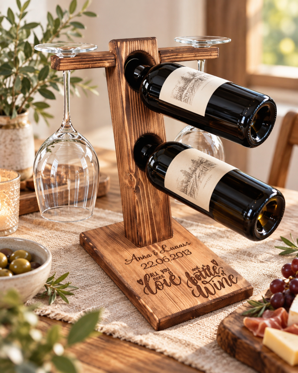 Personalised Wooden Wine Bottle & Glass Holder – Handmade Solid Pine Balancing Wine Rack
