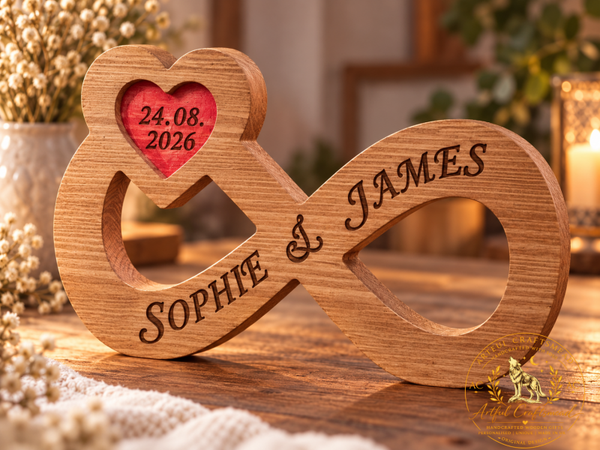 Personalised Solid Wood Infinity Sign with Red Heart