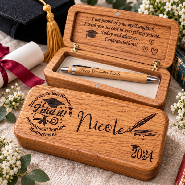 Personalised Solid Oak Graduation Pen & Keepsake Box