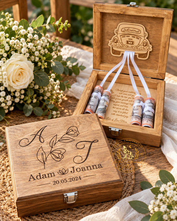 Personalised Wedding Money Gift Box – Just Married Car & Ribbon Cash Holder