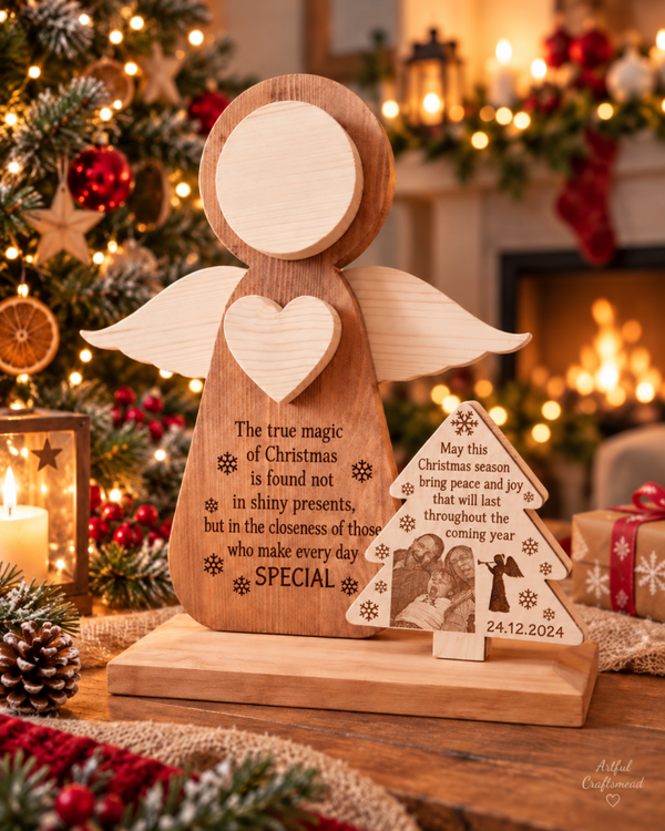 Personalised Solid Pine Wooden Angel with Choice of Companion Shape