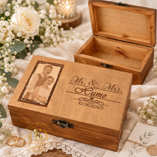 Personalised Wedding Photo Keepsake Box – Solid Pine Engraved Portrait Box