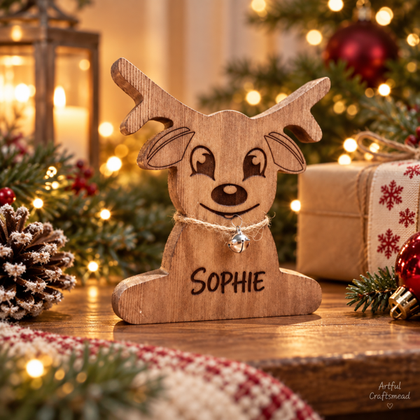 Personalised Solid Pine Christmas Reindeer – Freestanding 12cm Keepsake