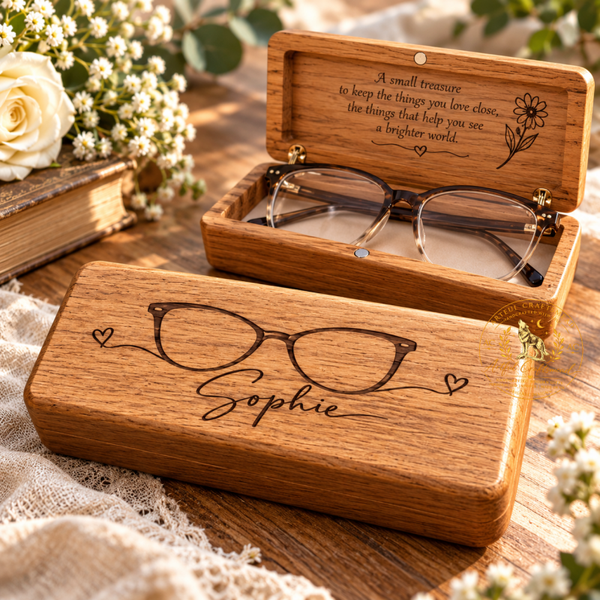 Personalised Solid Oak Glasses & Keepsake Box – Handmade Engraved Wooden Gift