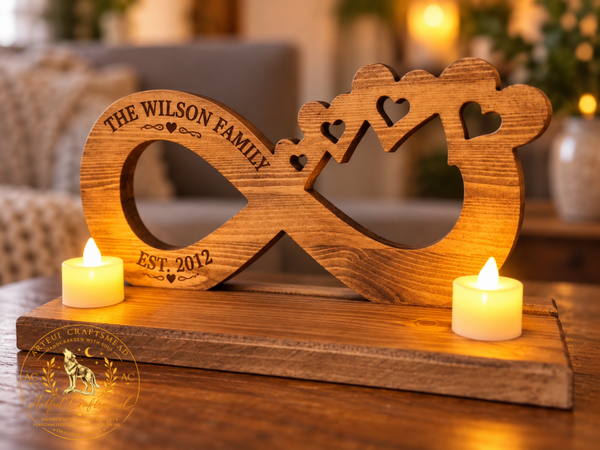 Personalised Solid Wood Infinity Sign with LED Tealight Base