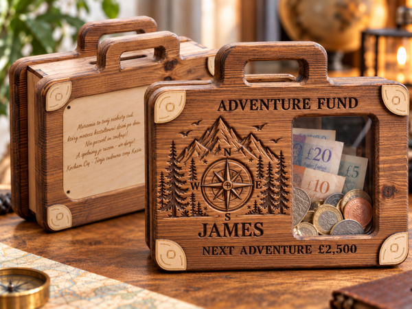 Personalised CNC Routed Wooden Money Suitcase – Savings Box