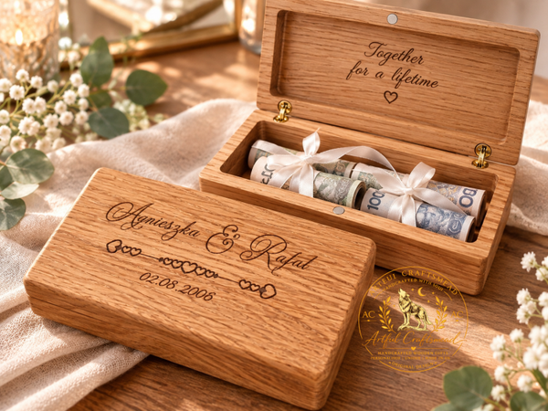 Personalised Solid Oak Wedding Money Gift Box – Engraved Wooden Keepsake