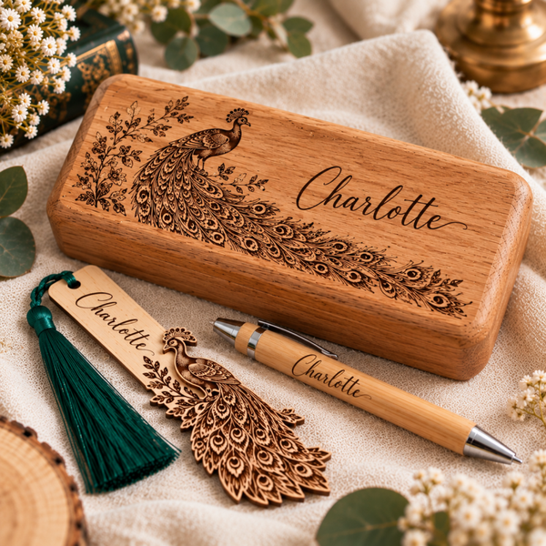 Personalised Solid Oak Bird Pen & Keepsake Box – Optional Pen & Bookmark Gift Set