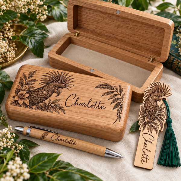 Personalised Solid Oak Parrot Pen Box – Exotic Parrots Collection | Handmade Wooden Keepsake Gift