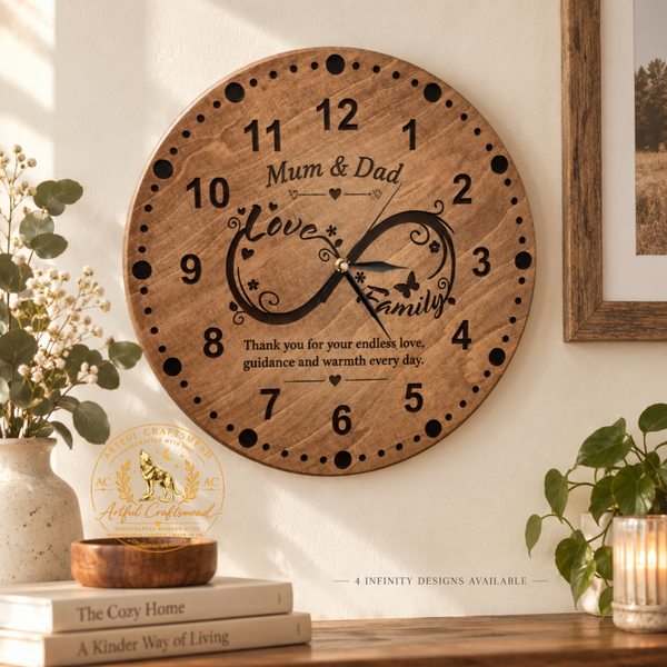 Personalised Infinity Wall Clock – 40cm Custom Engraved Wooden Clock