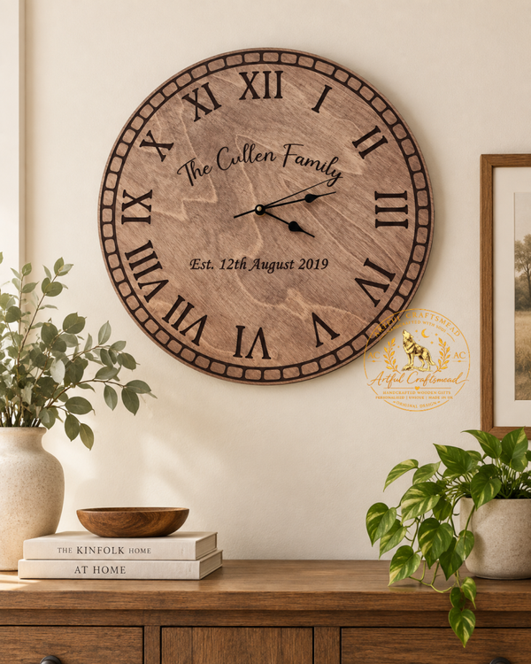 Personalised Family Name Wall Clock – 40cm Established Date Wooden Clock