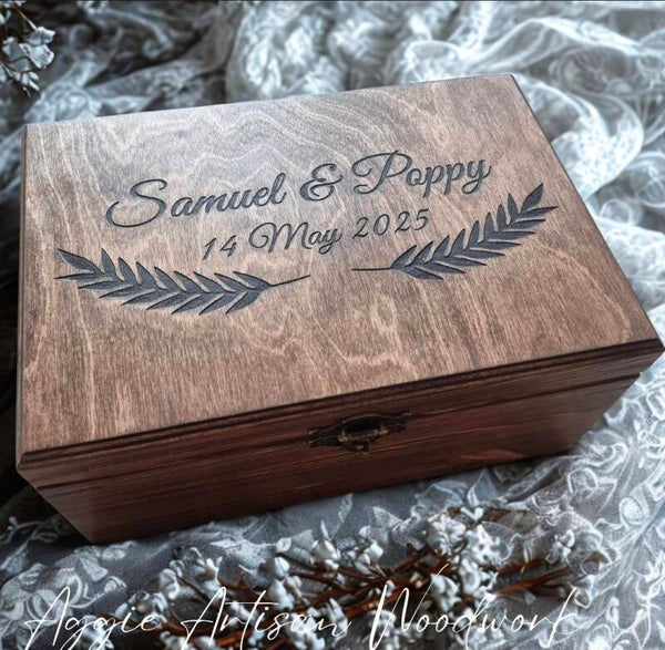 Personalised Botanical Wedding Keepsake Box – Large Solid Pine Memory Chest